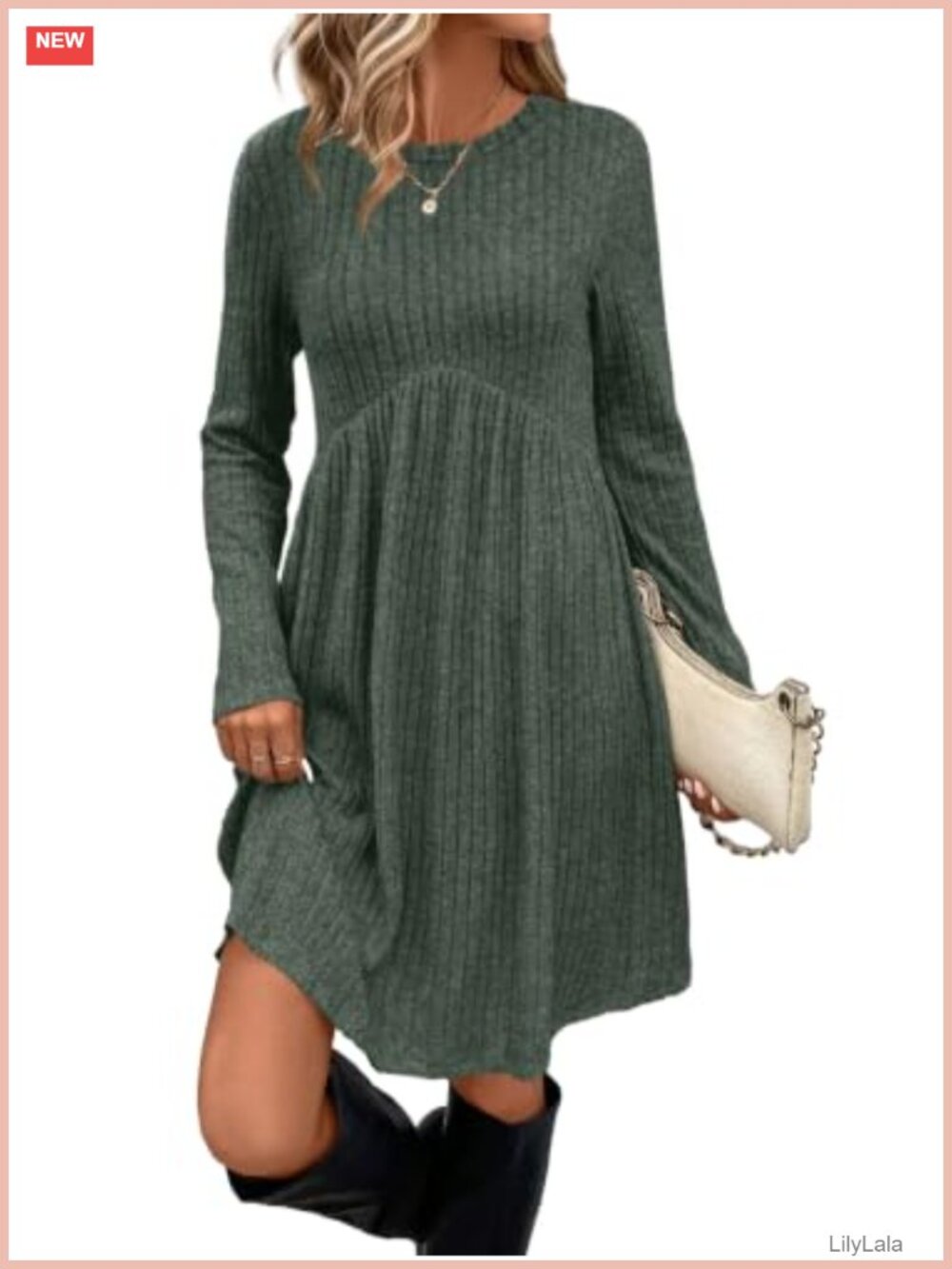 Long Sleeve Empire Waist Tunic Dress with Pockets Crew Neck Fall Casual